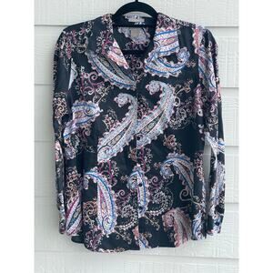 Chico's black paisley 100% Cotton button up shirt size 1, or 8/10